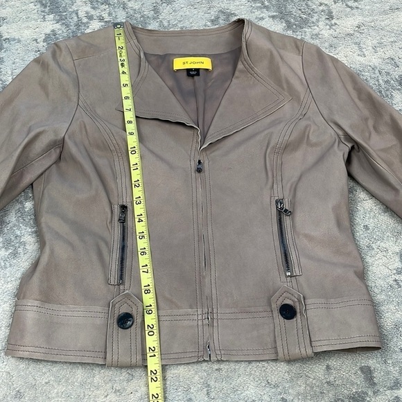 St John Leather Biker Moto Jacket Taupe Neutral 3/4 Sleeve Lightweight Fall 4 - Picture 6 of 13